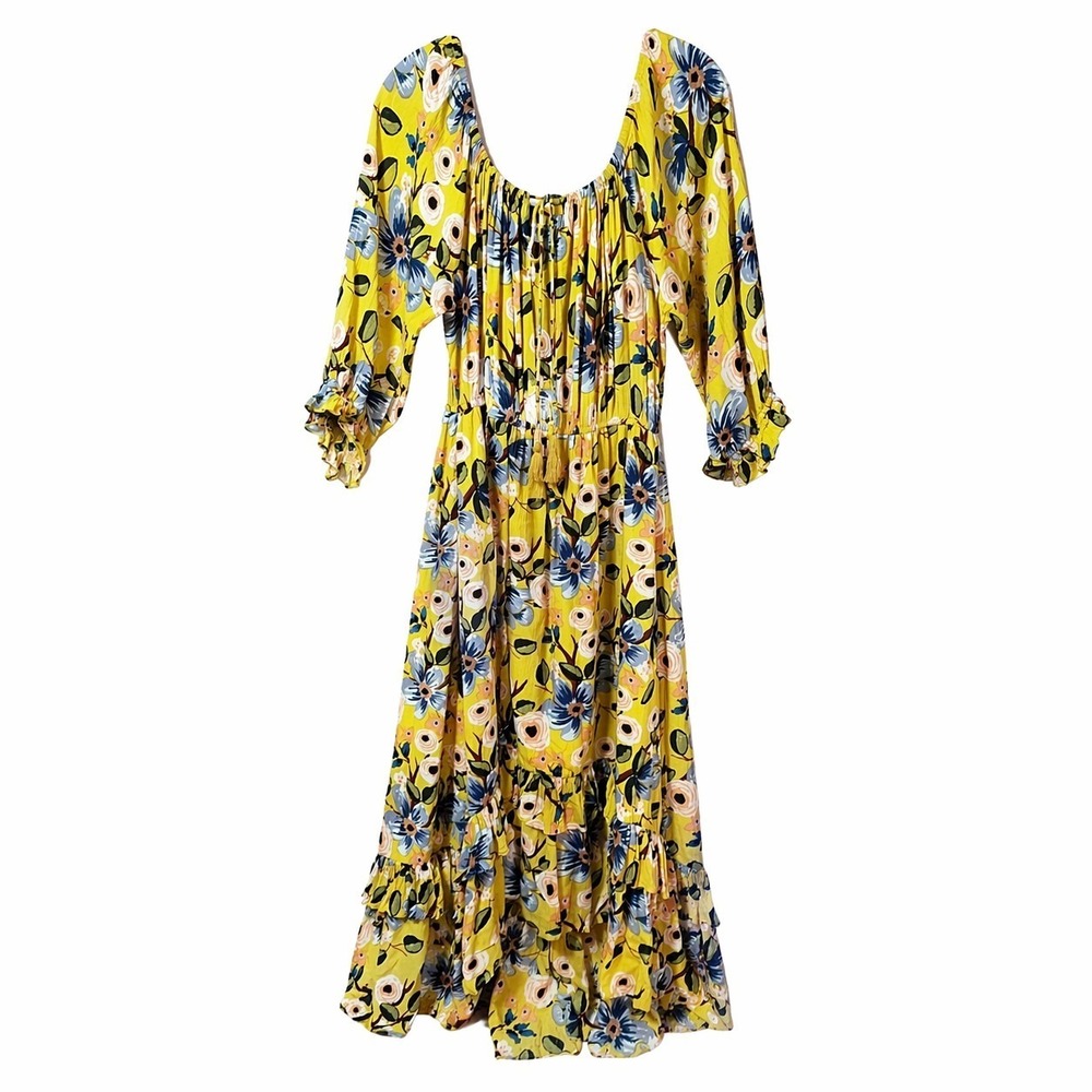 MD'M Off-Shoulder Tiered Gauze Cotton Maxi Dress Sz 8 (M) Floral Cottagecore EUC